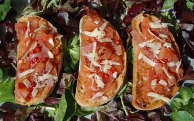 TOSTAS DE JAMÓN Y TOMATE CON COPOS DE QUESO PARMESANO